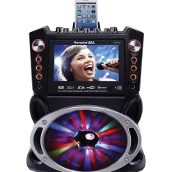 Karaoke USA GF946 Bluetooth Karaoke Machine With Synchronized LEDs, 10”H x 13”W x 17-13/16”D, Black