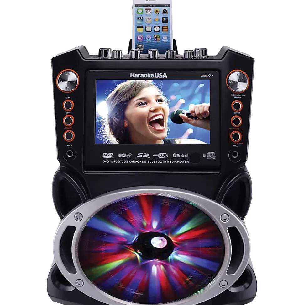 Karaoke USA GF946 Bluetooth Karaoke Machine With Synchronized LEDs, 10”H x 13”W x 17-13/16”D, Black