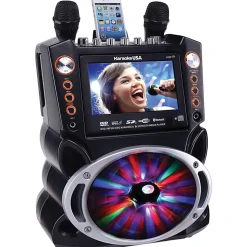 Karaoke USA GF946 Bluetooth Karaoke Machine With Synchronized LEDs, 10”H x 13”W x 17-13/16”D, Black
