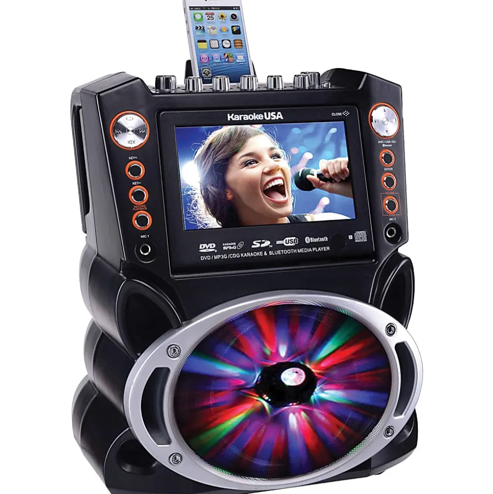 Karaoke USA GF946 Bluetooth Karaoke Machine With Synchronized LEDs, 10”H x 13”W x 17-13/16”D, Black