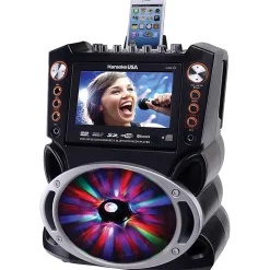 Karaoke USA GF946 Bluetooth Karaoke Machine With Synchronized LEDs, 10”H x 13”W x 17-13/16”D, Black