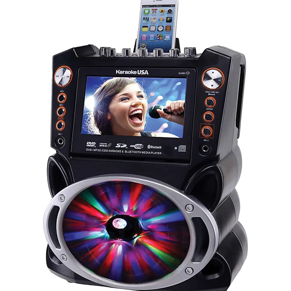 Karaoke USA GF946 Bluetooth Karaoke Machine With Synchronized LEDs, 10”H x 13”W x 17-13/16”D, Black