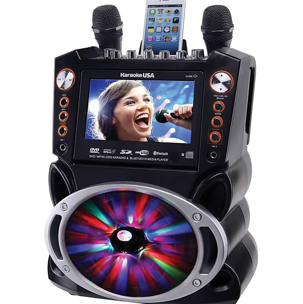 Karaoke USA GF946 Bluetooth Karaoke Machine With Synchronized LEDs, 10”H x 13”W x 17-13/16”D, Black