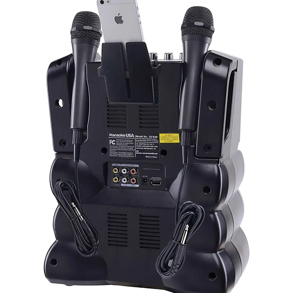 Karaoke USA GF946 Bluetooth Karaoke Machine With Synchronized LEDs, 10”H x 13”W x 17-13/16”D, Black