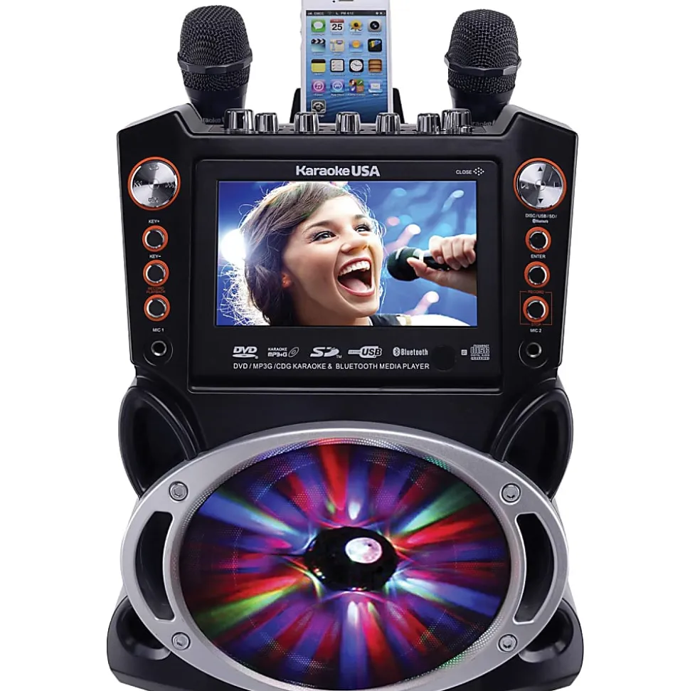 Karaoke USA GF946 Bluetooth Karaoke Machine With Synchronized LEDs, 10”H x 13”W x 17-13/16”D, Black