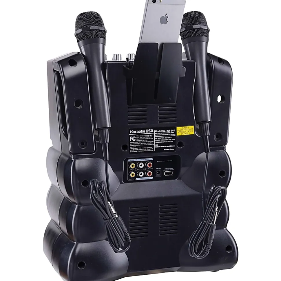 Karaoke USA GF946 Bluetooth Karaoke Machine With Synchronized LEDs, 10”H x 13”W x 17-13/16”D, Black