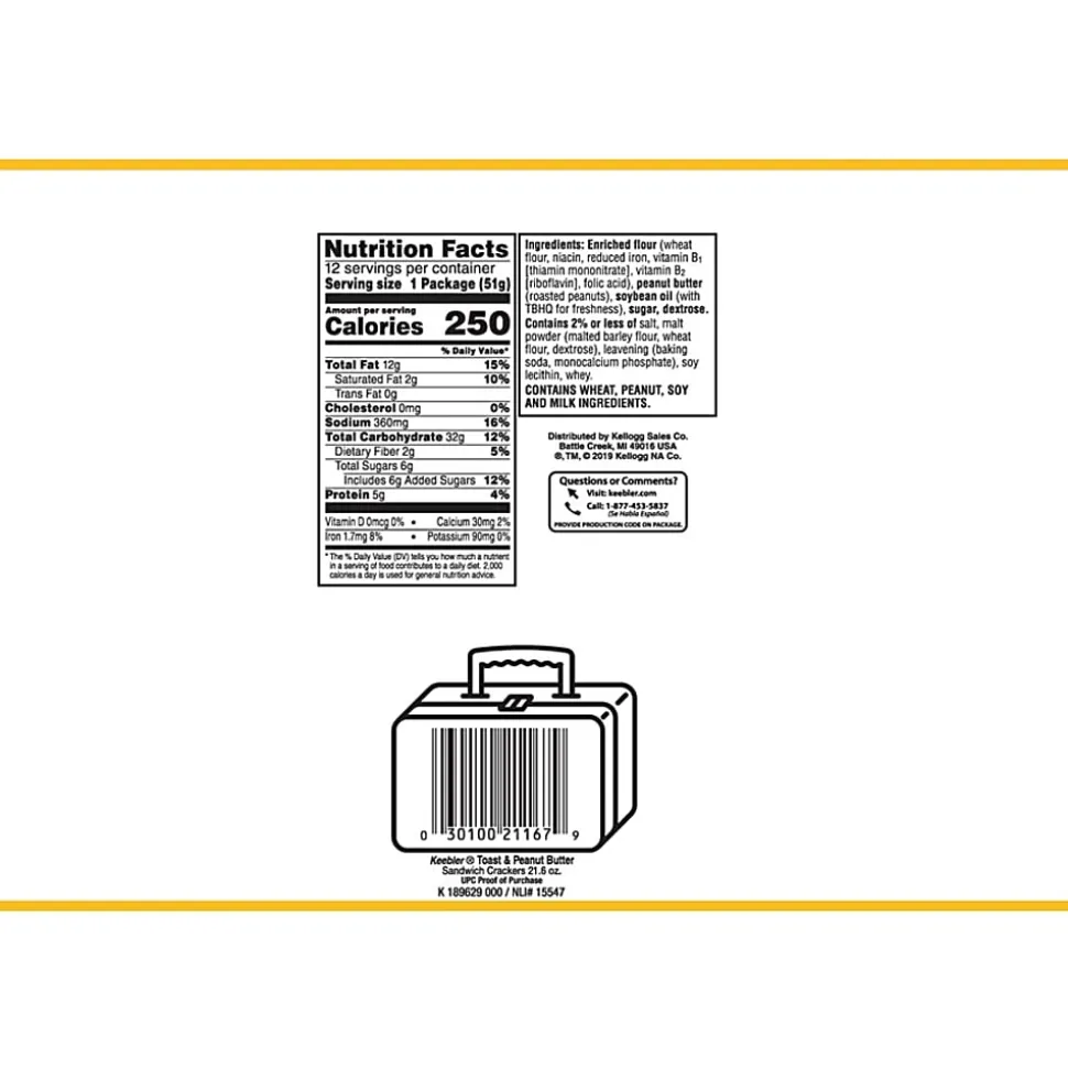 Keebler® Sandwich Crackers, Toast And Peanut Butter, 1.8 Oz, Box Of 12