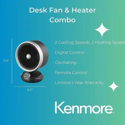 Kenmore Fan & Heater Combo - 2 x Heat Settings - Remote Control - Oscillation - Office, Room, Kitchen - Desk - Black