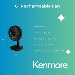Kenmore 6" Rechargeable Fan - 4 Speed - Rechargeable, Lightweight, Quiet Operation - Black