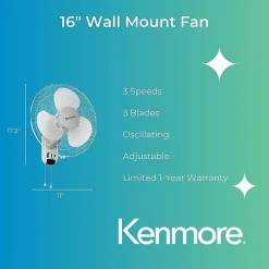 Kenmore 16" Wall Fan - 3 Speed - Oscillating, Adjustable - White