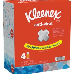 Kleenex® Anti-Viral 3-Ply Facial Tissues, White, 55 Tissues Per Box, Pack Of 4 Boxes