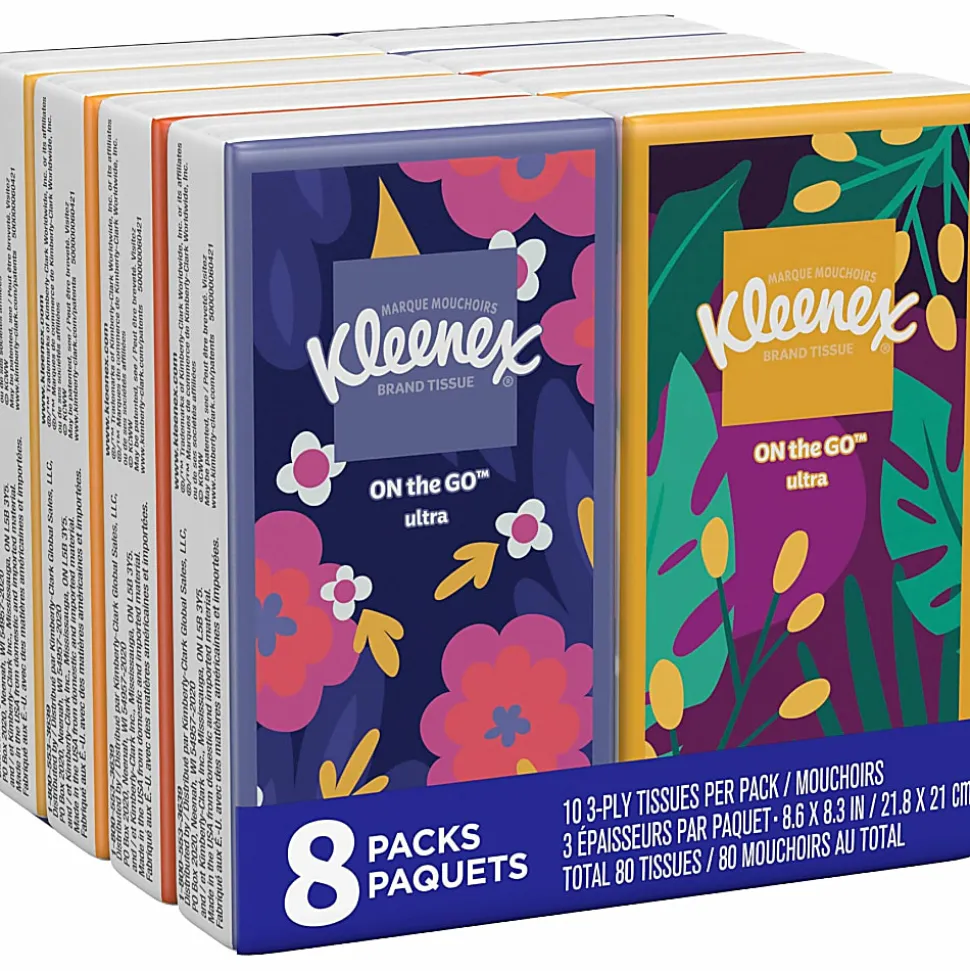 Kleenex® Go Packs Facial Tissues, 3 Ply, White, 80 Sheets, 8 Pouches
