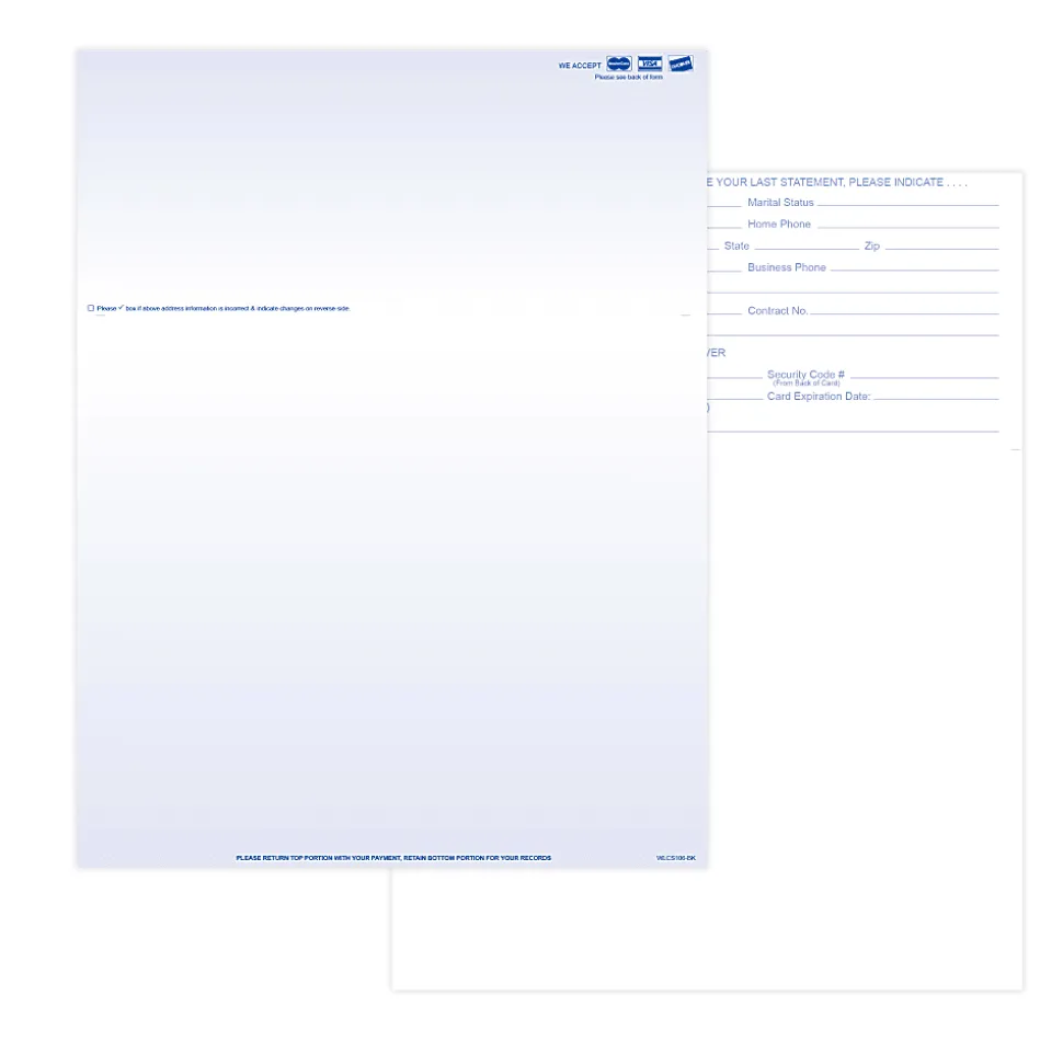 Laser 2-Sided Healthcare Medical Billing Statements, Preprinted MC/Visa/Discover Credit Card Accepted, 1-Part, 8-1/2"x11", Blue, Pack Of 1,000 Sheets