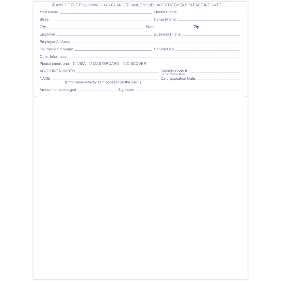 Laser 2-Sided Healthcare Medical Billing Statements, Preprinted MC/Visa/Discover Credit Card Accepted, 1-Part, 8-1/2"x11", Blue, Pack Of 1,000 Sheets
