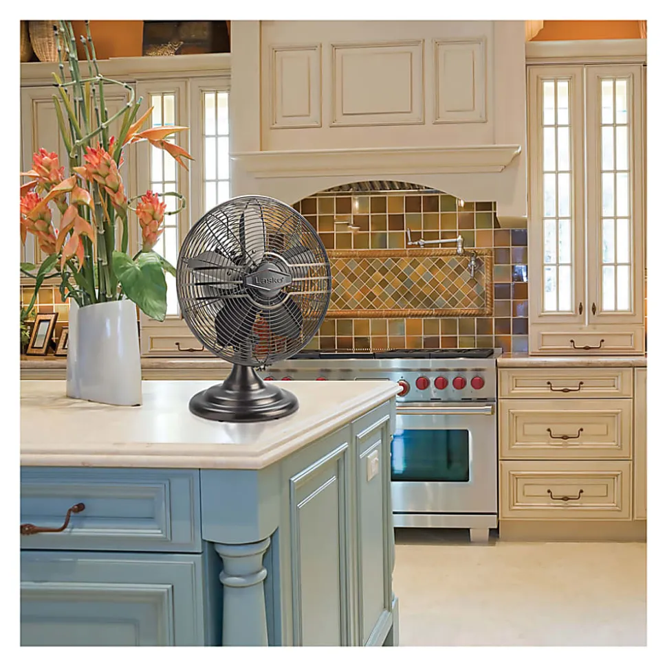 Lasko 12" Classic Metal Table Fan, 12" Diameter, 3 Speed, Quiet, Carrying Handle, Oscillating, 17.3"H x 13.3"W, Metal