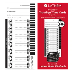 Lathem TruAlign E16 Time Cards For 1600E, Weekly, 1-Sided, 4" x 9", White, Box Of 100