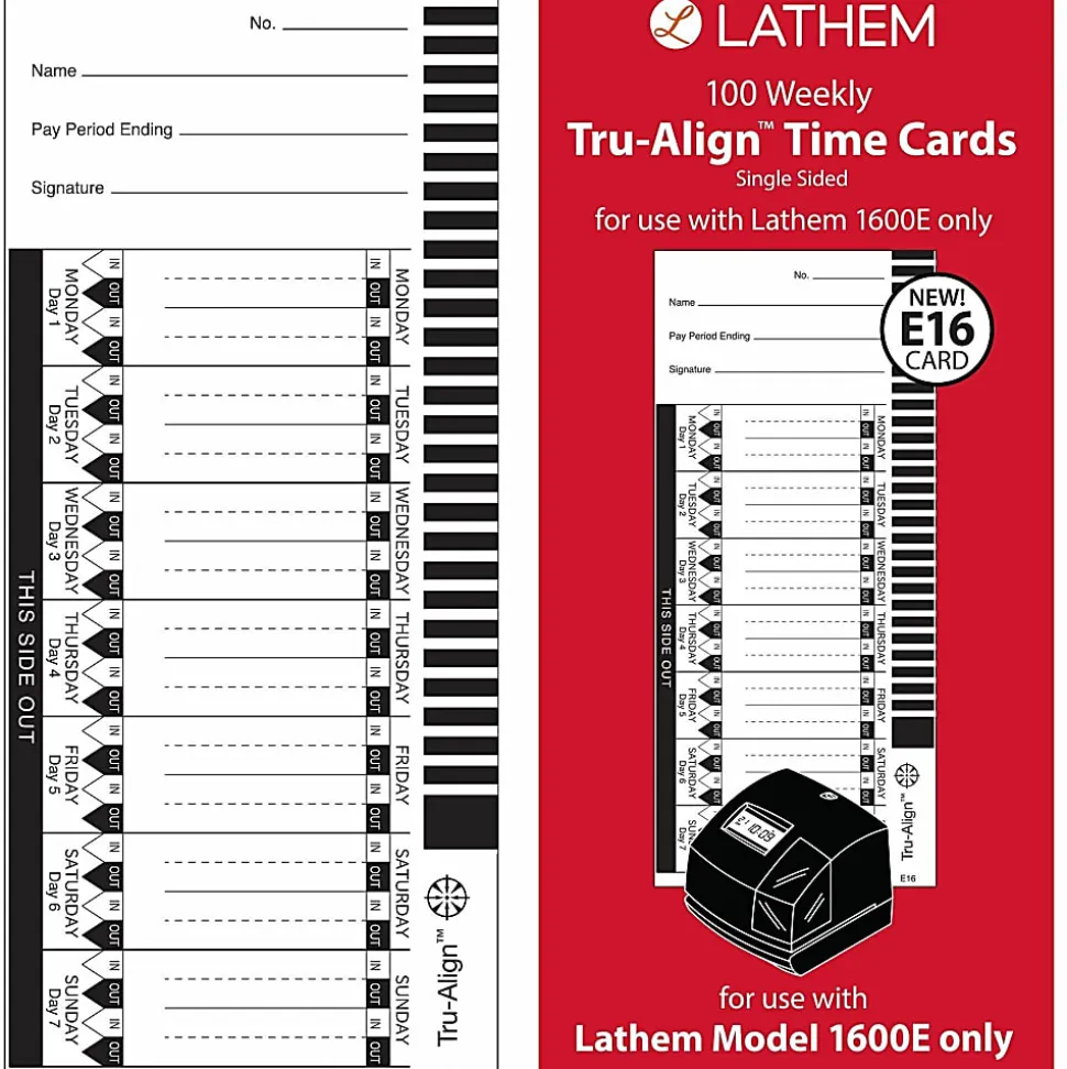 Lathem TruAlign E16 Time Cards For 1600E, Weekly, 1-Sided, 4" x 9", White, Box Of 100