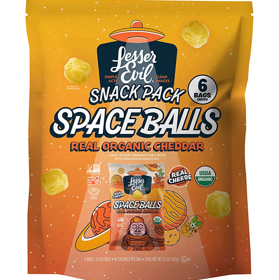 LesserEvil Organic Space Balls, Real Cheddar, 0.6 Oz, Total Qty 72