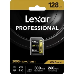 Lexar® Gold Professional 2000x Class 10/UHS-II SDHC/SDXC Memory Card, 128GB, LSD2000128G-BNNNU