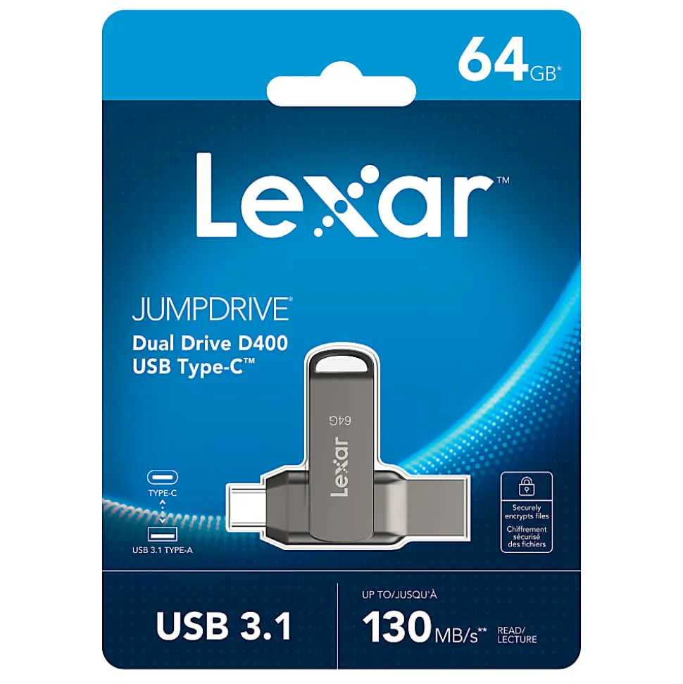 Lexar® JumpDrive® Dual Drive D400 USB 3.1 Type-C USB Drive, 64GB, Silver