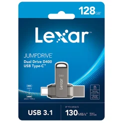 Lexar® JumpDrive® Dual Drive D400 USB 3.1 Type-C USB Drive, 128GB, Silver
