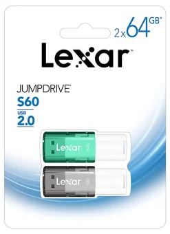 Lexar® JumpDrive® S60 USB 2.0 Flash Drives, 64GB, Black/Teal, Pack Of 2 Flash Drives, LJDS60-64GB2NNU