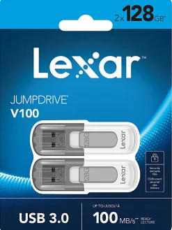 Lexar® JumpDrive V100 USB 3.0 Flash Drives, 128GB, Gray, Pack Of 2 Flash Drives