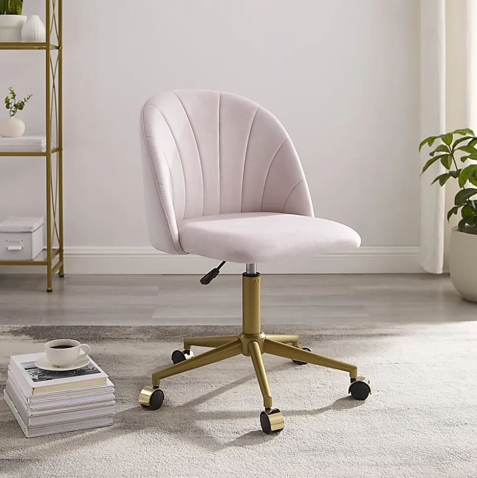Linon Ashland Velvet Mid-Back Office Desk Chair, Blush Pink/Gold