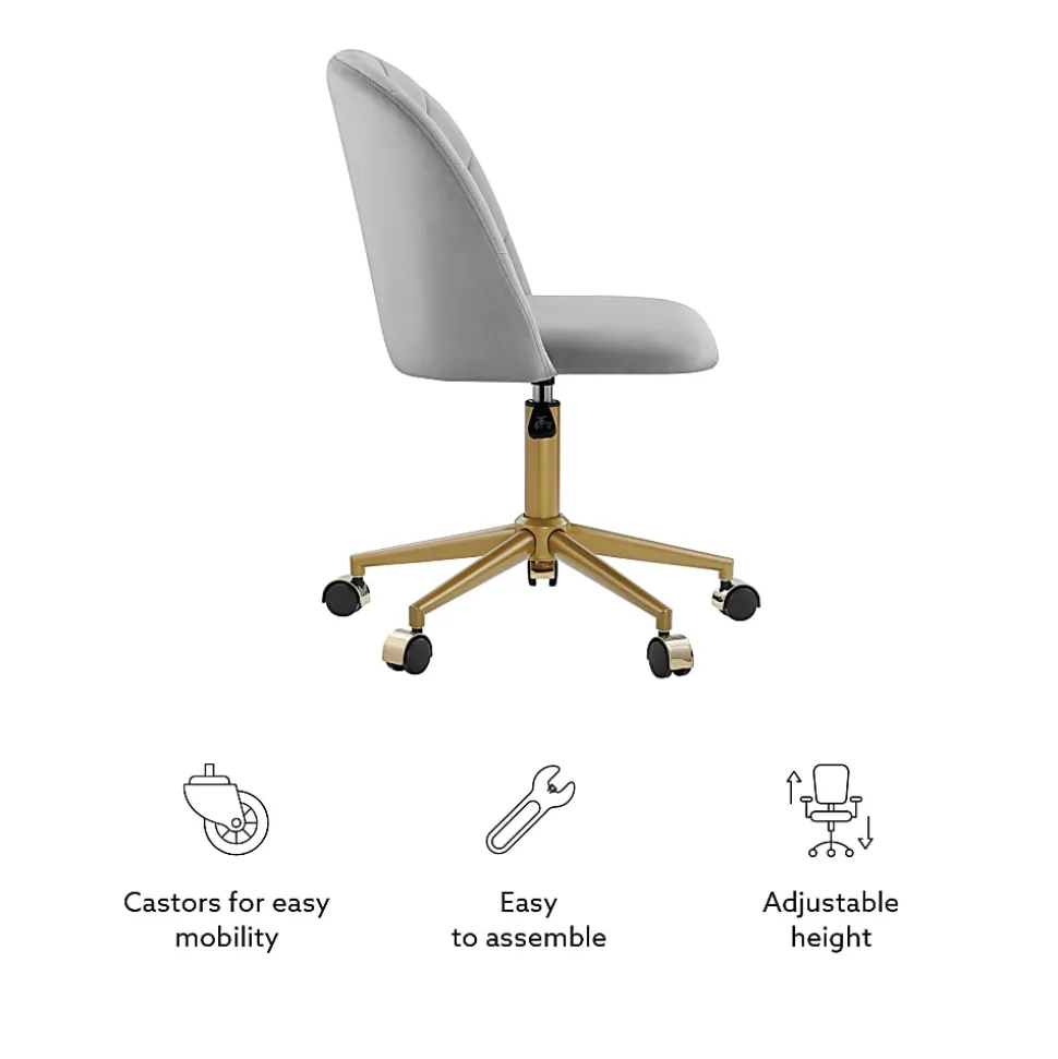 Linon Ashland Velvet Mid-Back Office Desk Chair, Gray/Gold