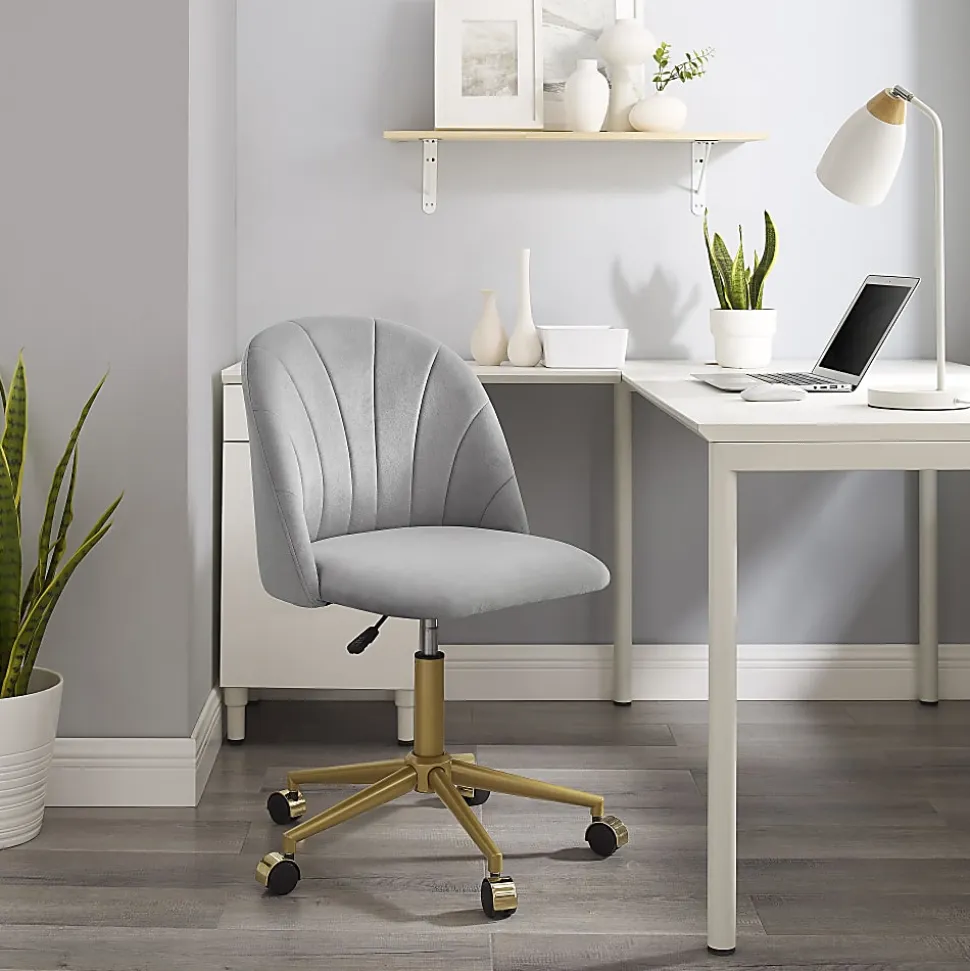 Linon Ashland Velvet Mid-Back Office Desk Chair, Gray/Gold