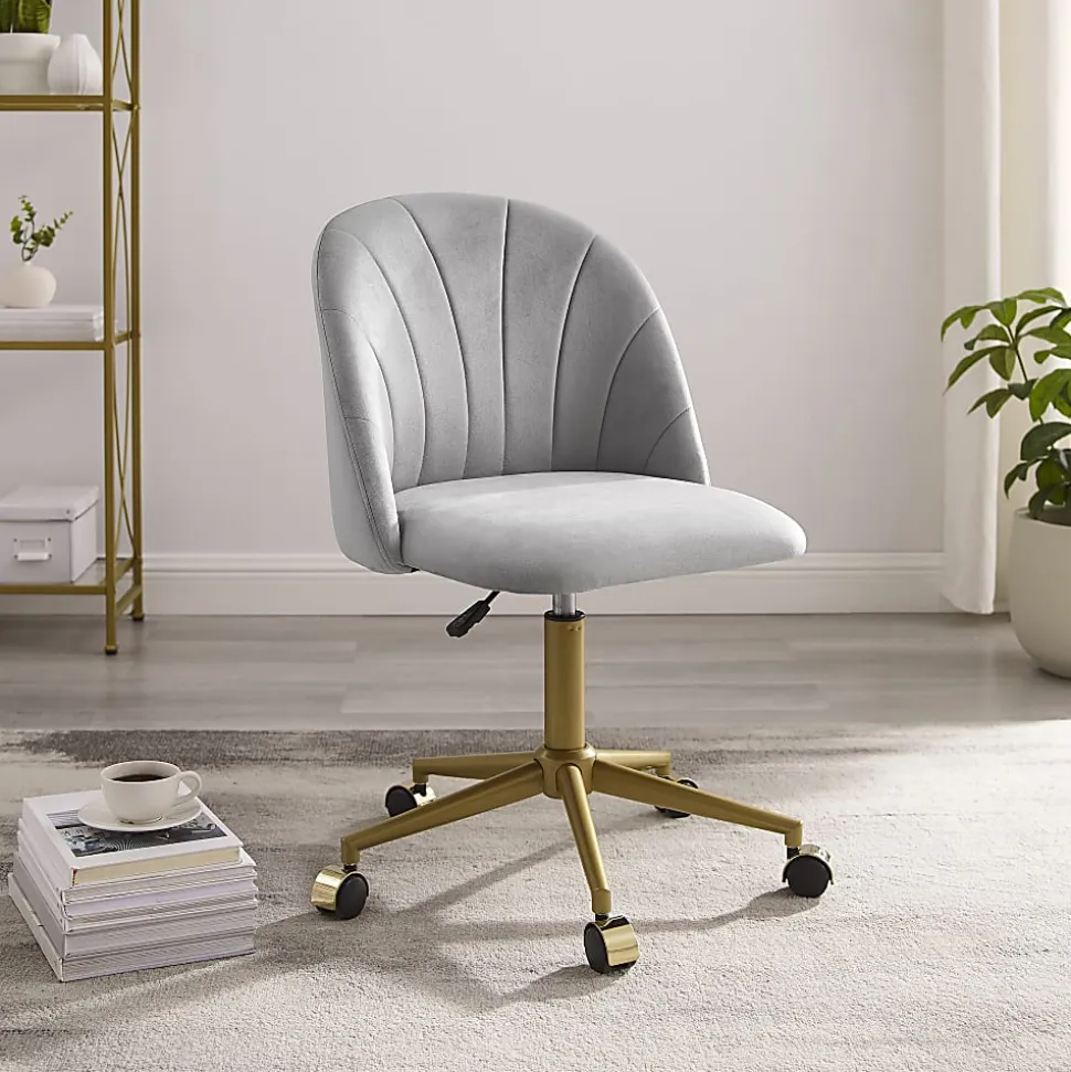 Linon Ashland Velvet Mid-Back Office Desk Chair, Gray/Gold