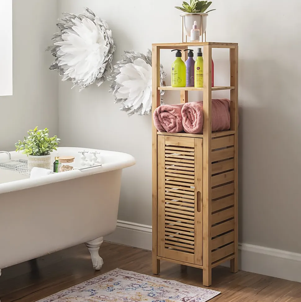 Linon Bullock 13"W Single Door Bamboo Cabinet with Shelves, Natural