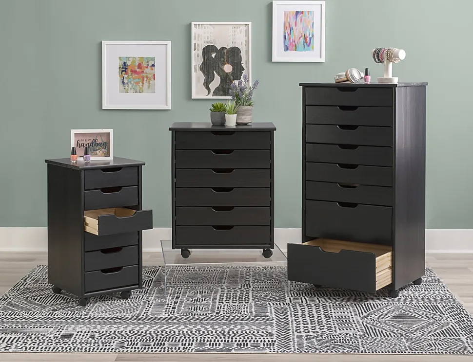 Linon Casimer 8-Drawer Rolling Home Office Storage Cart, Black