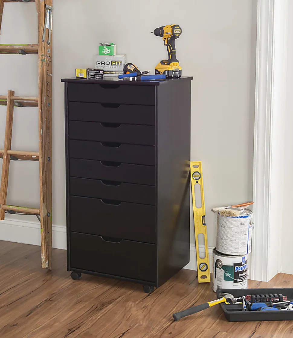 Linon Casimer 8-Drawer Rolling Home Office Storage Cart, Black