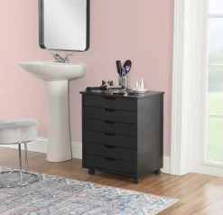 Linon Casimer 6-Drawer Wide Rolling Home Office Storage Cart, Black