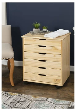 Linon Casimer 6-Drawer Wide Rolling Home Office Storage Cart, Natural