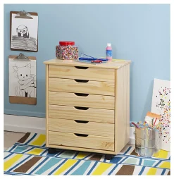 Linon Casimer 6-Drawer Wide Rolling Home Office Storage Cart, Natural