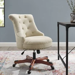 Linon Dallas Fabric Mid-Back Home Office Chair, Beige/Cherry