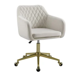 Linon Inman Quilted Fabric Mid-Back Home Office Chair, Off-White/Gold