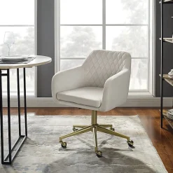 Linon Inman Quilted Fabric Mid-Back Home Office Chair, Off-White/Gold