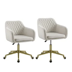 Linon Inman Quilted Fabric Mid-Back Home Office Chair, Off-White/Gold