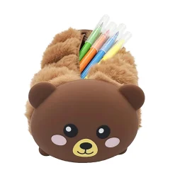 Little Yellow Bicycle® Plush Silicone Pencil Case, Bear, 2-3/4” x 8-1/4”, Brown