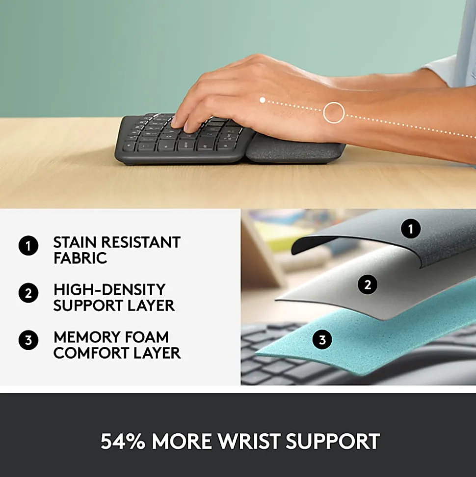 Logitech ERGO K860 Wireless Ergonomic Keyboard - Split Keyboard, Wrist Rest, Natural Typing, Stain-Resistant Fabric