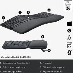 Logitech ERGO K860 Wireless Ergonomic Keyboard - Split Keyboard, Wrist Rest, Natural Typing, Stain-Resistant Fabric