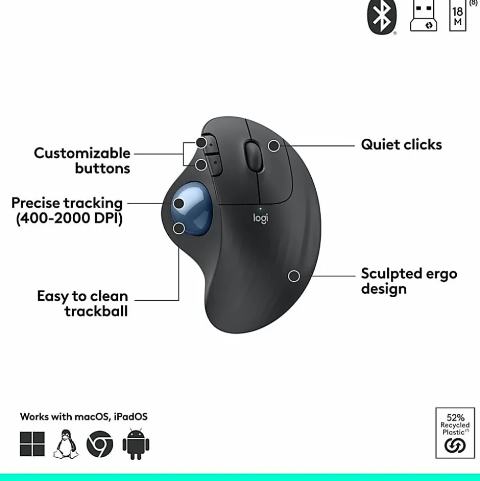Logitech ERGO M575 Wireless Trackball Mouse for Business - Ergonomic Design, Logi Bolt, Bluetooth, Graphite - 910006197