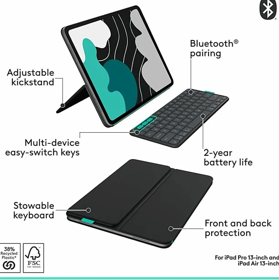 Logitech Flip Folio, Keyboard Case for iPad Pro 13-inch (M4) & iPad Air 13-inch (M2 & M3) (2024, 2025), Graphite, 920013367