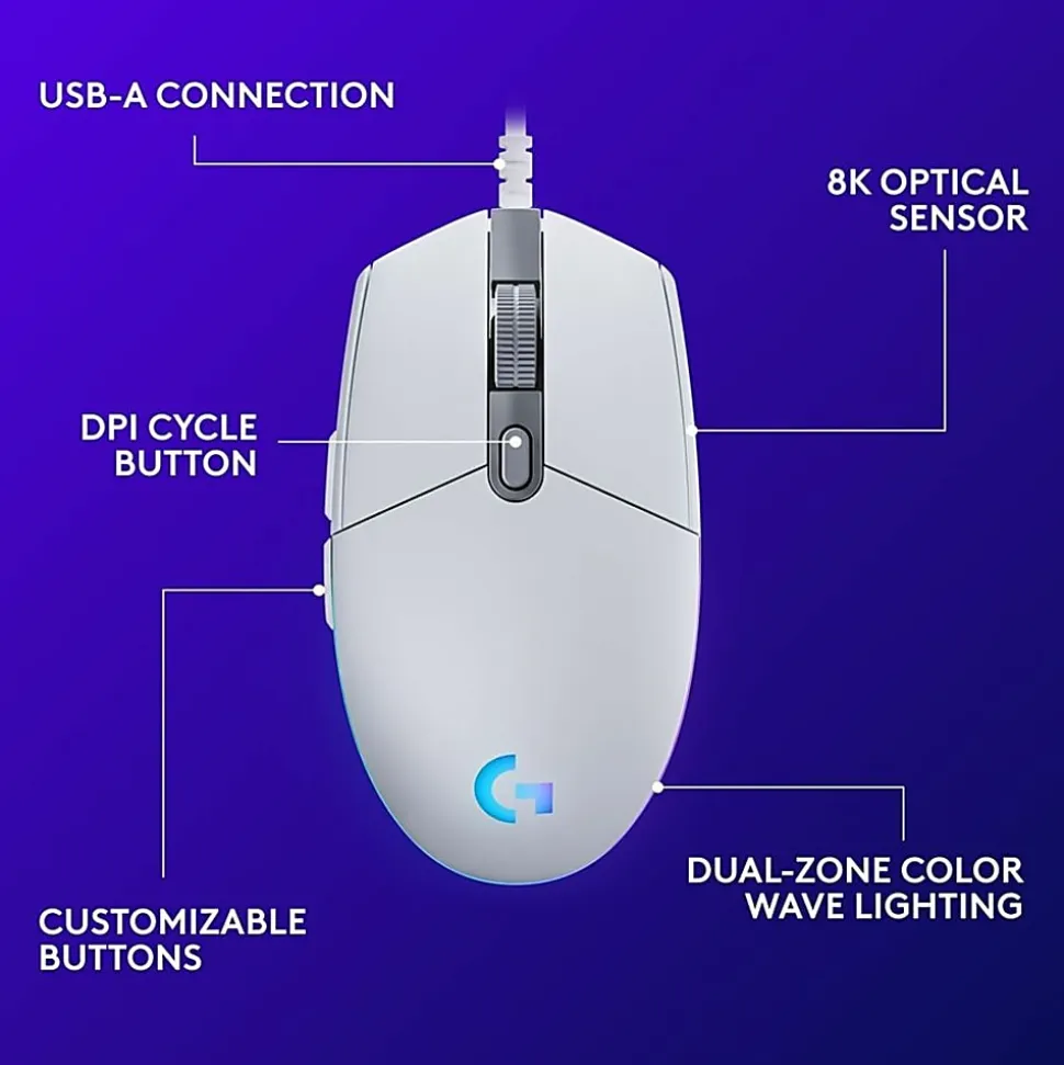 Logitech® G203 LIGHTSYNC Wired Gaming Mouse, White, 910-005791