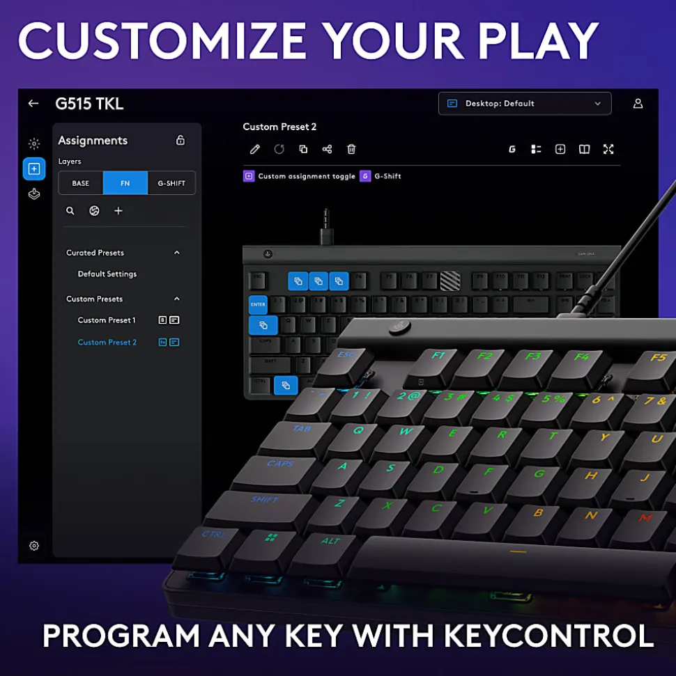 Logitech G515 TKL Wired Low Profile Gaming Keyboard, Fully Customizable RGB, Double-Shot PBT Keycaps, Tactile/Brown Switches