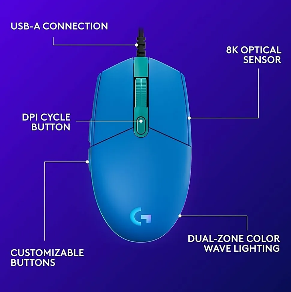 Logitech G203 Wired Gaming Mouse, Blue, 910005792