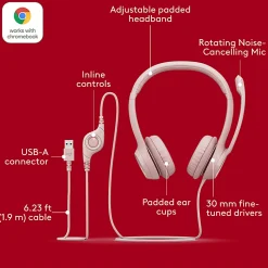 Logitech® H390 Wired On-Ear Headset For PC/Laptop, Rose, 981-001280